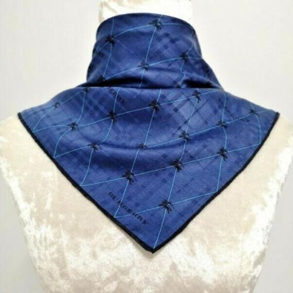 Burberry Blue Black Plaid Jacquard Nova Check Print Silk Scarf - Picture 2 of 5
